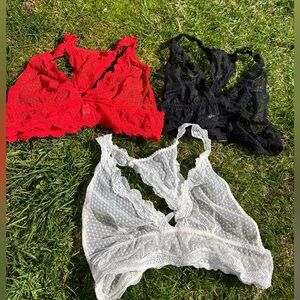 Free People Lace Bralette Trio in Red, Black & White